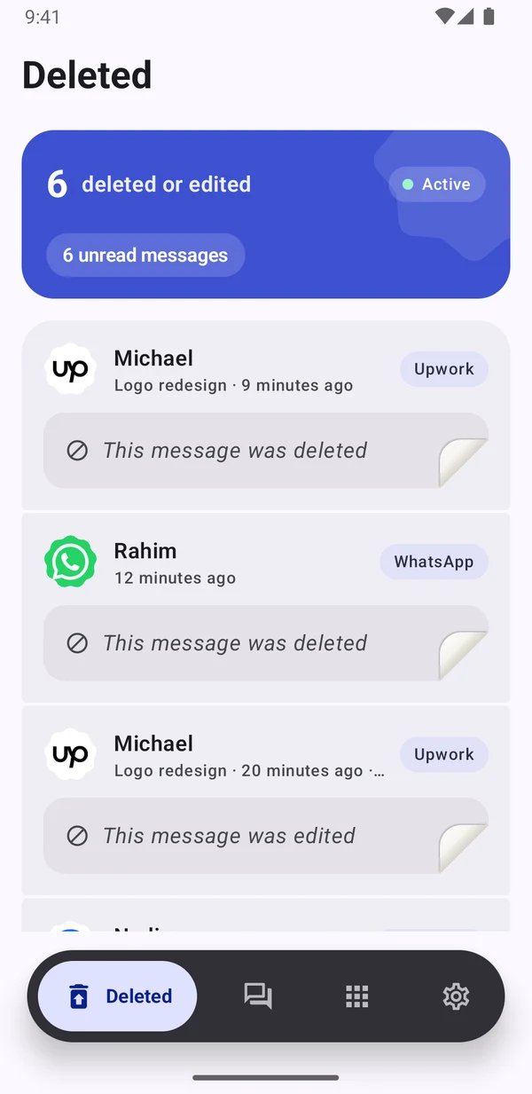 Recover's Deleted tab: deleted and edited messages, sealed until opened