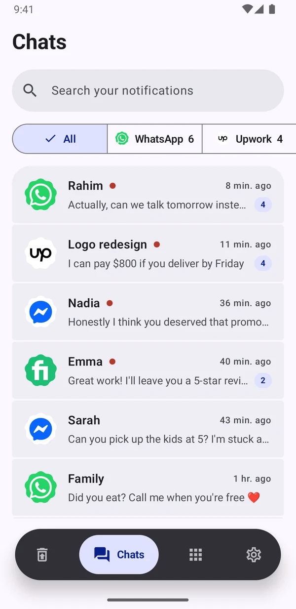 Chats: saved messages grouped by person and app, with search