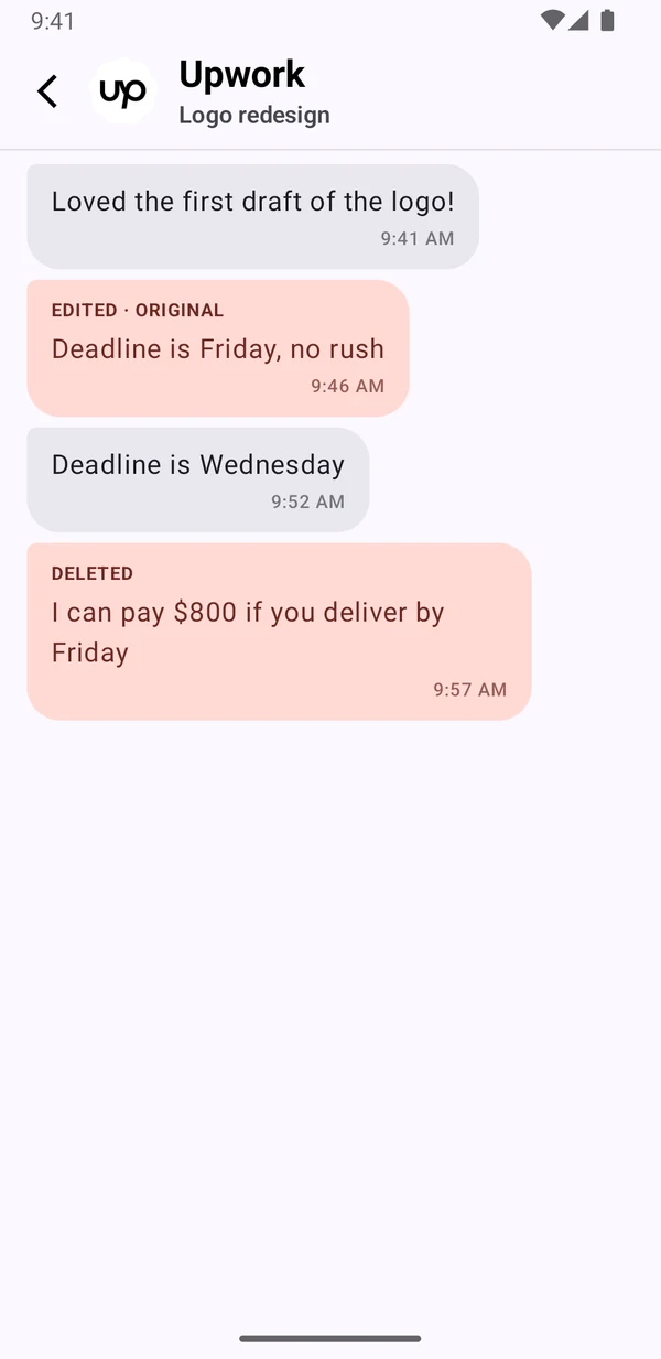 Recover showing a conversation: an edited message's original and the $800 offer Michael deleted