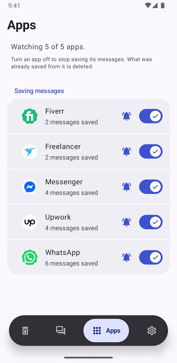 Apps: switches for which apps Recover saves, and alert bells